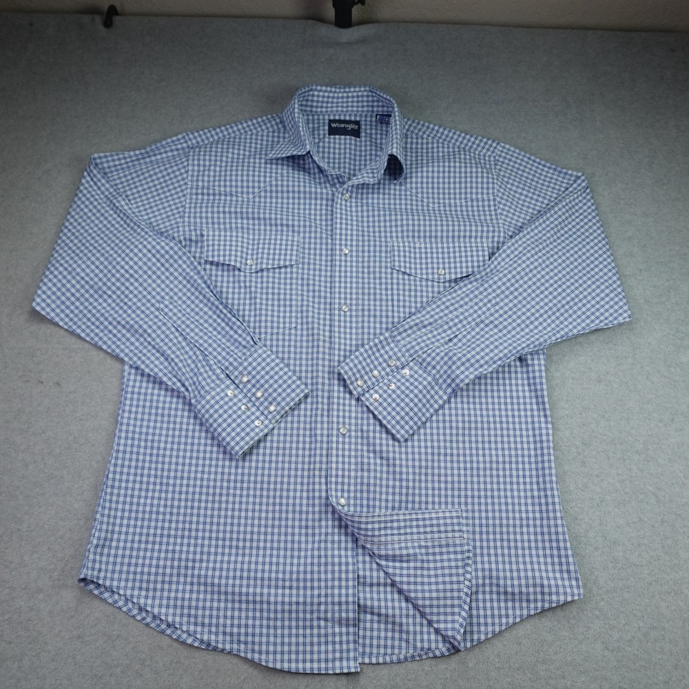Wrangler Shirt Mens Large Blue Plaid Western Pearl Snap Long Sleeve